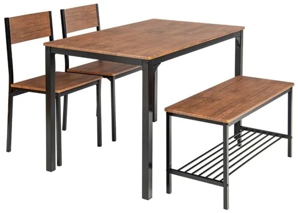 Conjunto de mesa de cozinha com 2 cadeiras e 1 banco Estrutura metálica e estante castanho claro