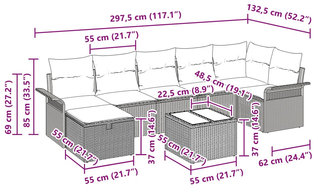 Conjunto de Sofás de Jardim de 8 Peças com Almofadas Cinza Vime Poliés