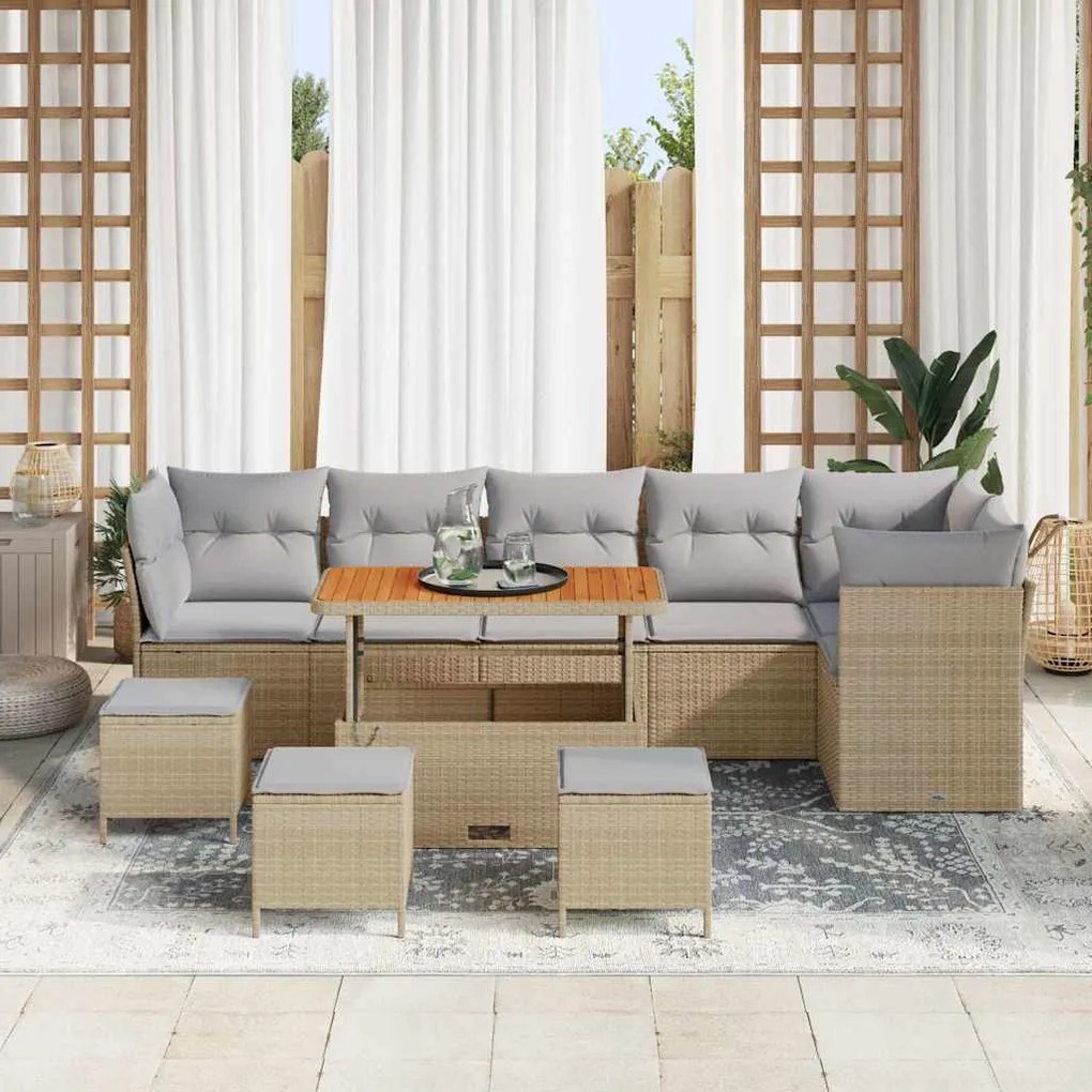Conjunto de Sofá de Jardim 10 Peças com Almofadas Beigas de Rattan Sin