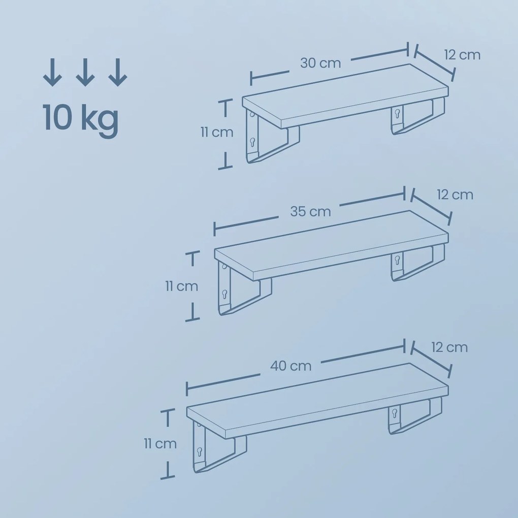 Conjunto de 3 prateleiras rústicas de parede com tamanhos diferentes cinzento + preto