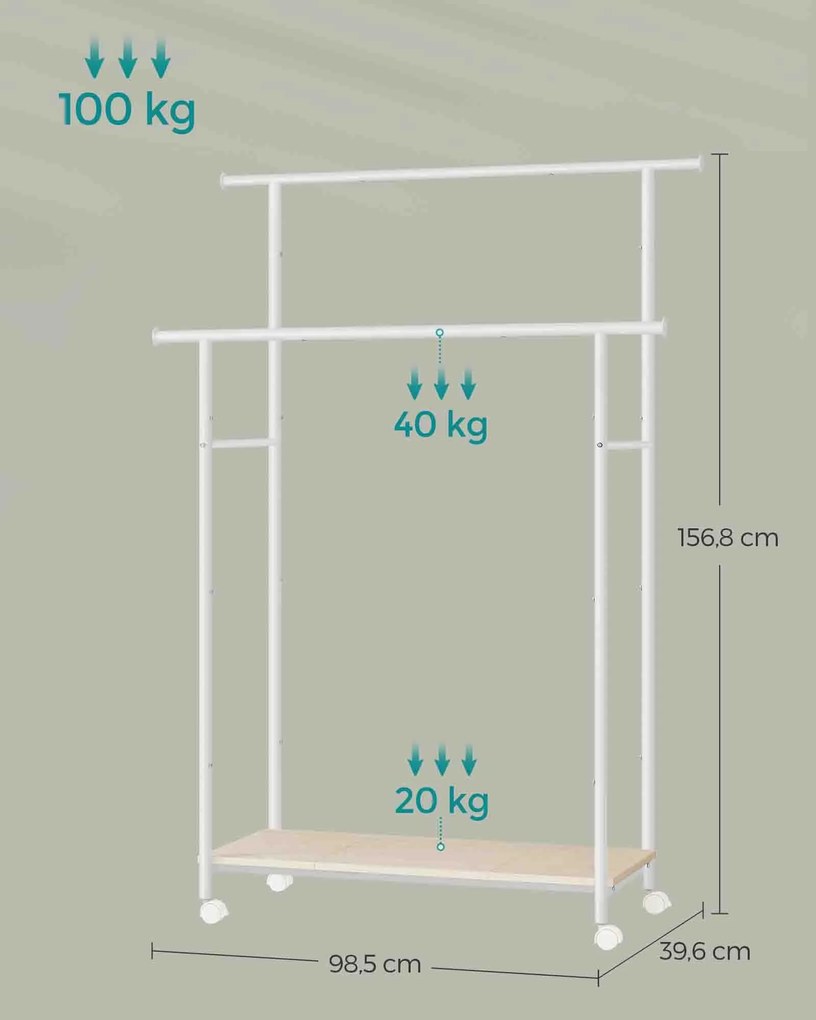 Guarda roupa com rodas 39,6 x 98,5 x 156,8 cm carvalho-creme branco