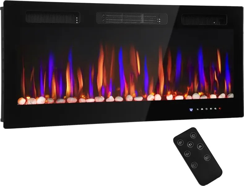 Lareira Elétrica Ultrafina de Parede e Embutir com Chama 3D Brilho/Velocidade Ajustável 12 Cores Pedras 900/1800W 106,7x9,4x47 cm Preto