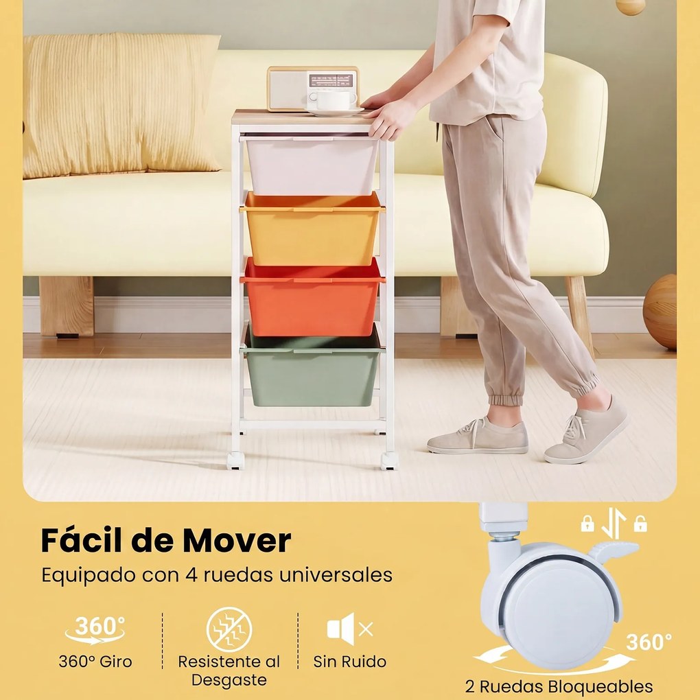 Carrinho Organizador com 4 Gavetas, 32,5 x 37 x 71 cm, Gavetas Removíveis, Multicolor