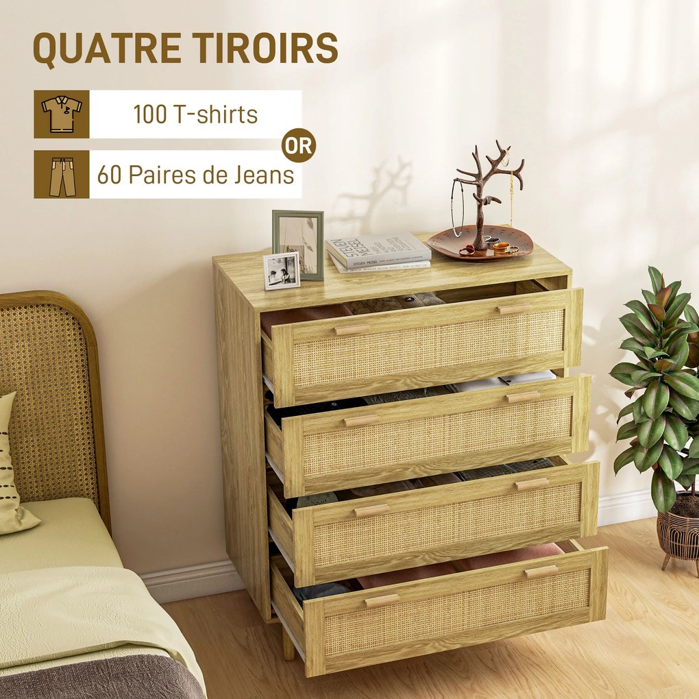 Cómoda com 4 gavetas 90 x 45 x 108,5, móvel de arrumação com frente em rattan trançado, estilo boémio acabamento em madeira clara