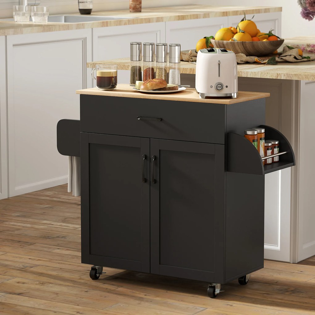 Carrinho de cozinha 105 x 36 x 85 cm em ilha com múltiplas opções de arrumação: gavetas, armário de 2 portas com prateleira ajustável, preto