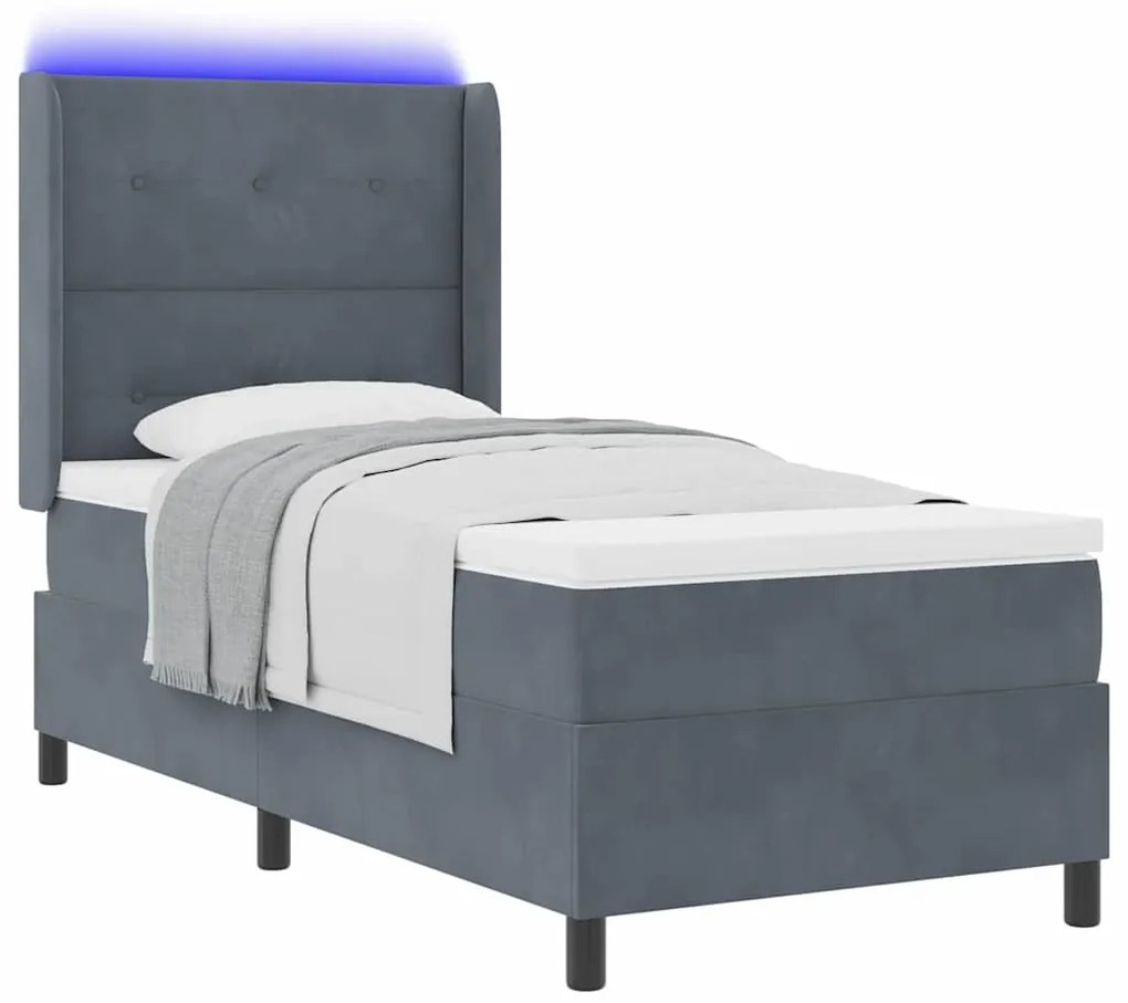 Cama Box Spring com Colchão e LED Cinza Escuro 90x190 cm Veludo