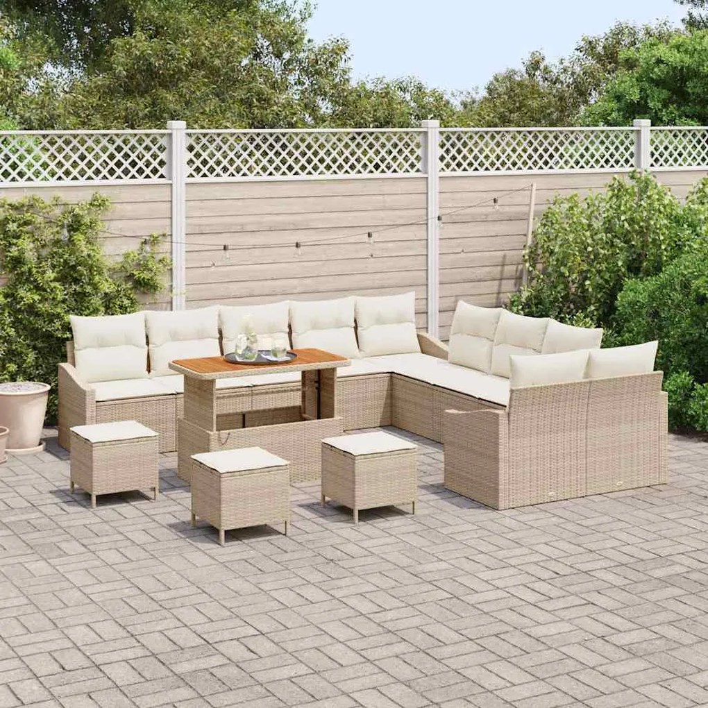 Conjunto de Sofá de Jardim com 14 Peças e Almofadas Bege em Vime Sinté