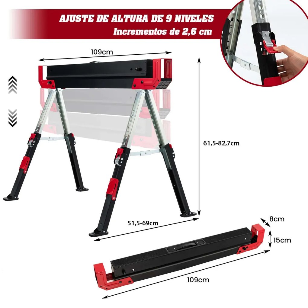 2 cavaletes dobráveis de aço com 2 x 4 braços de suporte Altura ajustável 61,5-82,7 cm Cavaletes portáteis para serras até 1180 kg Preto + vermelho