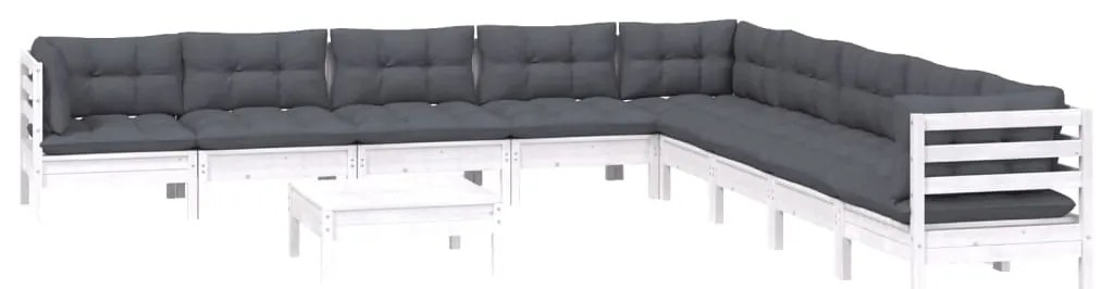 10 pcs conj. lounge de jardim c/ almofadões pinho maciço branco
