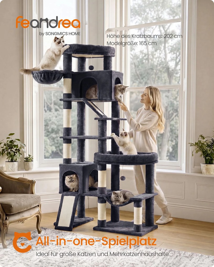 Arranhador para arranhar 105 x 45 x 202 cm XXL com 6 áreas de descanso, cinzento escuro