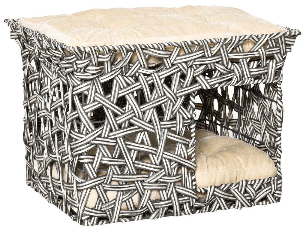 Cesta de Vime para Gatos de 2 Níveis Cama Caverna de Gatos com 2 Almofadas Suaves Estrutura de Metal 51x42x37cm Cinza e Bege