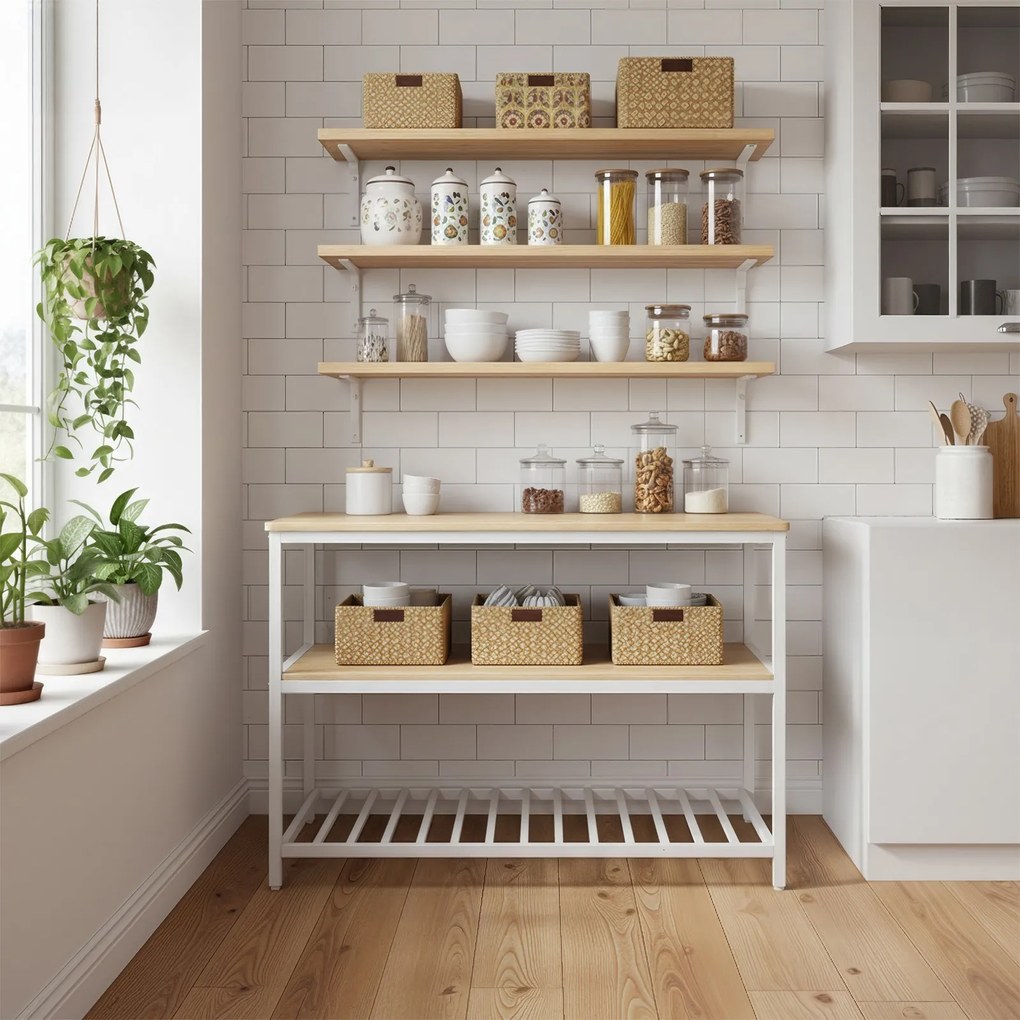 Armario de cozinha com grande bancada 60 x 120 x 90 cm, prateleira para micro-ondas com 3 níveis Cor carvalho + branco
