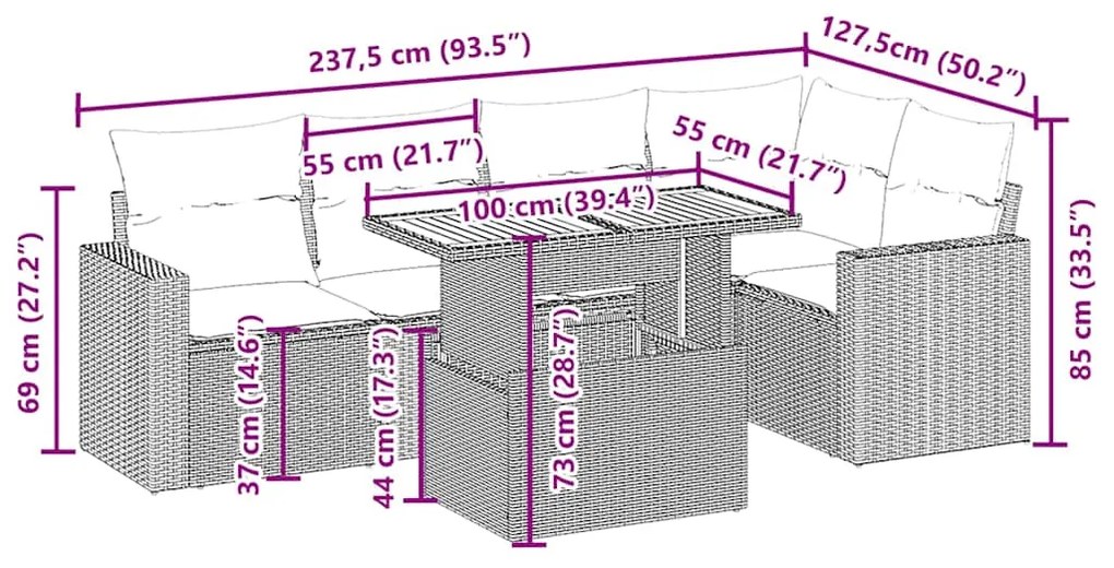 6 pcs conjunto de sofás p/ jardim com almofadões vime PE bege