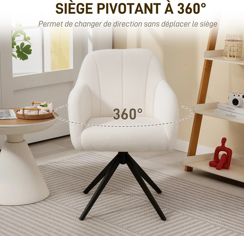 Poltrona de sala giratória, banco toucador estofada e de grande conforto, com base em aço e tecido com efeito de pelúcia branca