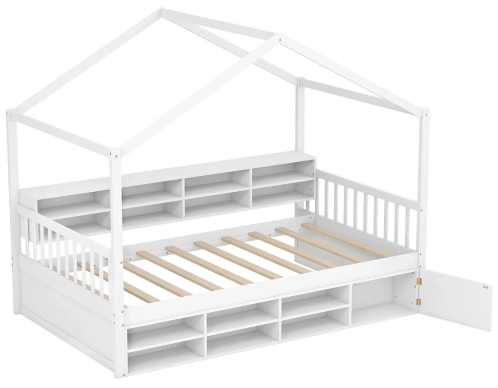 Cama Casa de crianças 201 x 126 x 170 cm de madeira plataforma com 14 cubos de arrumação branco