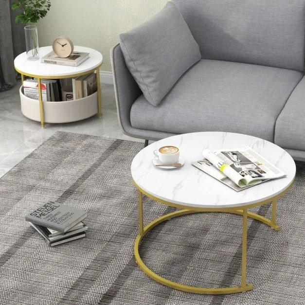 Conjunto de 2 mesas de centro redondas de 80 e 60 cm com cesto de tecido e estrutura metálica brancas e douradas