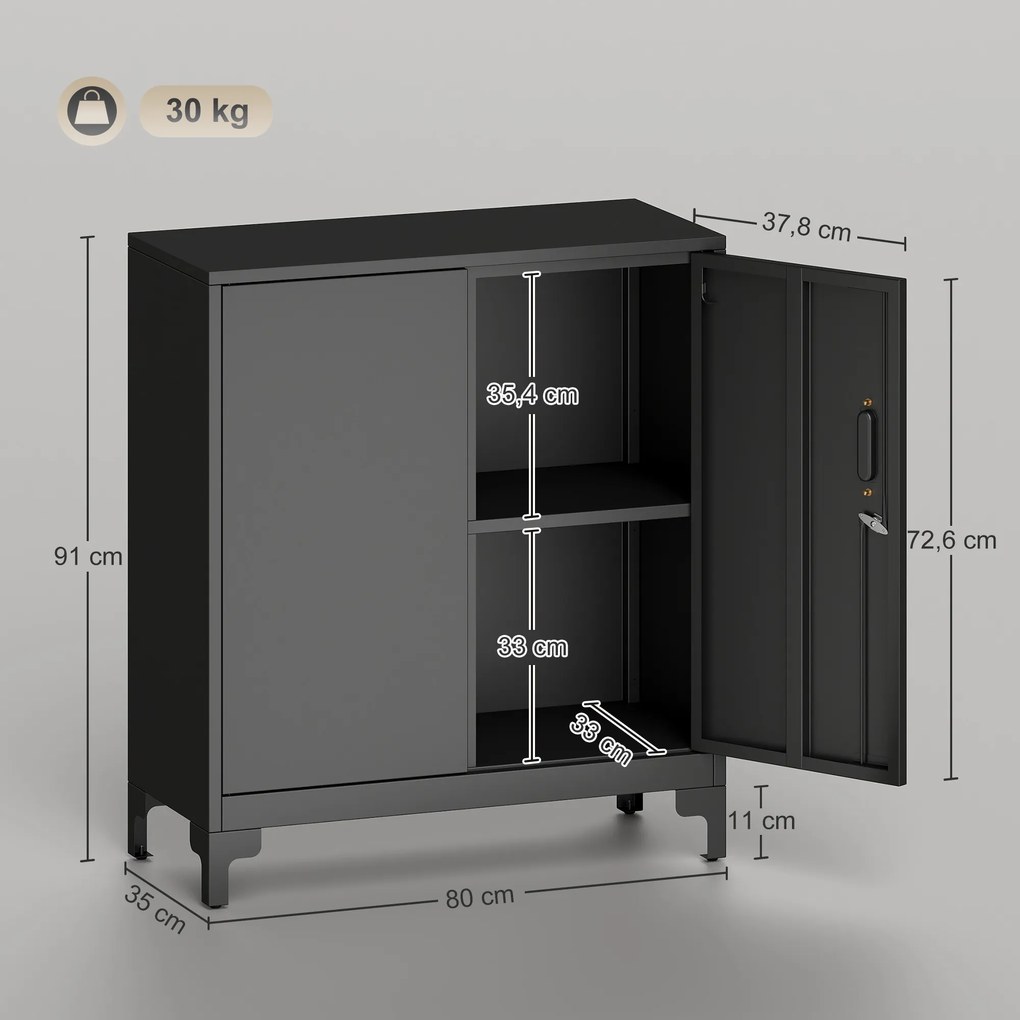 Armário de escritório de 2 níveis 80 x 35 x 91 cm, móvel de arrumação metálico para escritório com 2 portas com fechadura, preto