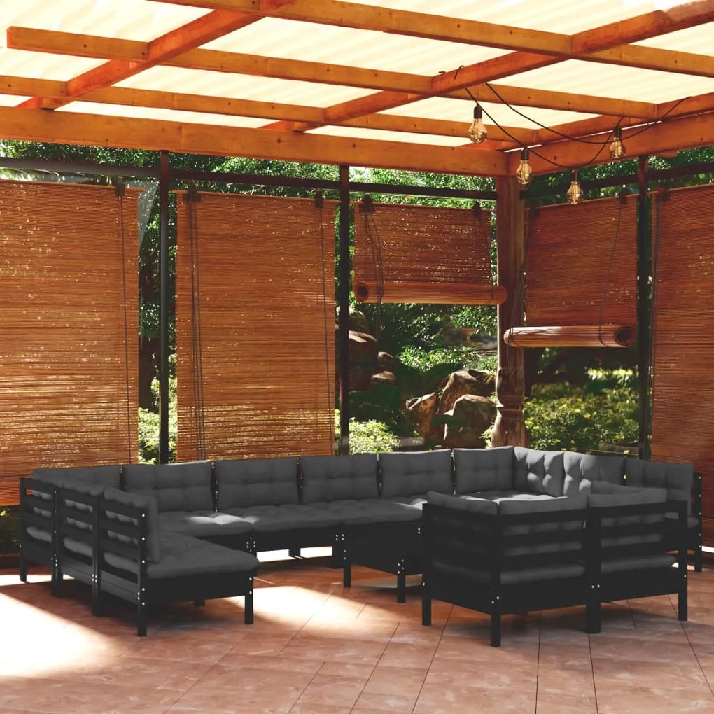 vidaXL 13 pcs conjunto lounge de jardim c/ almofadões pinho preto