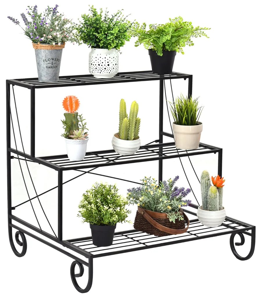Prateleira de plantas de metal de 3 camadas para vasos, prateleira de escada para flores no pátio, jardim, varanda, 74 x 66 x 70 cm