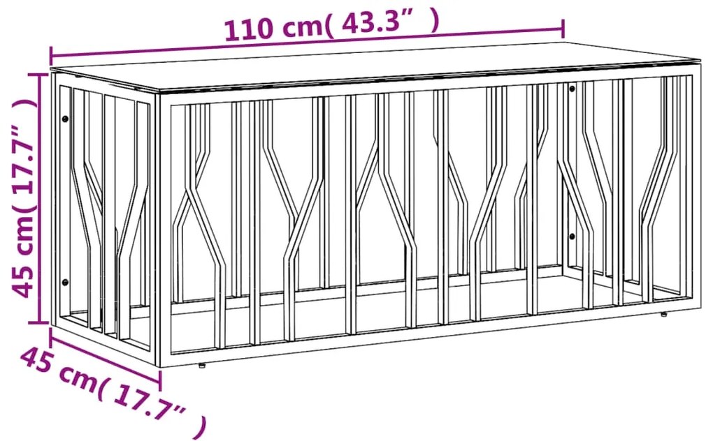 Mesa de centro 110x45x45 cm aço inoxidável e vidro