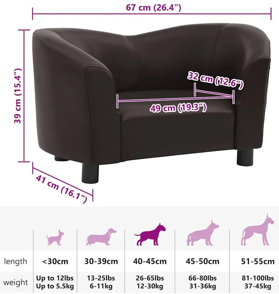 Sofá para cães 67x41x39 cm couro artificial castanho