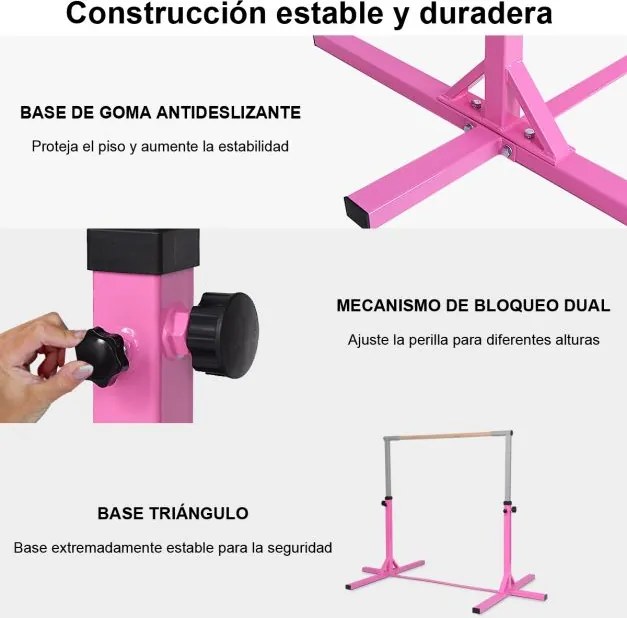 Barra de ginástica horizontal para crianças Barra de treino ajustável em altura Carga ajustável até 100 kg Rosa