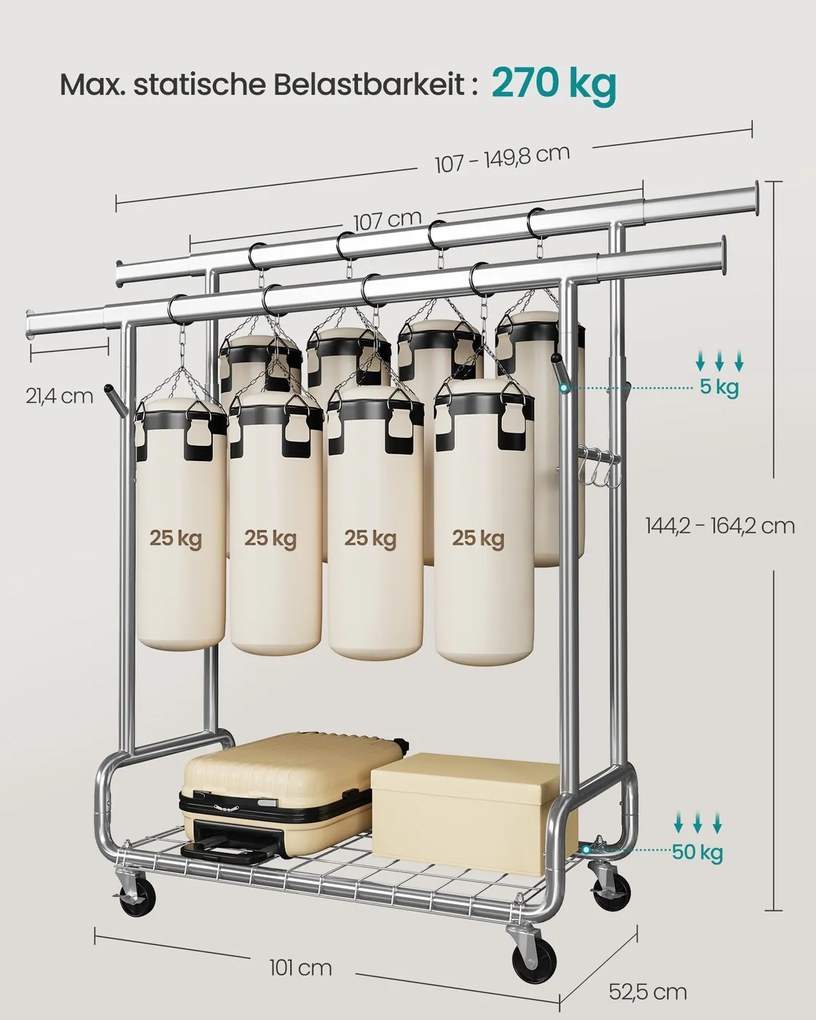 Guarda roupa aberto, cabide ajustavel, com prateleira e ganchos 52,5 x (107-149,8) x (144,2-164,2) prateado