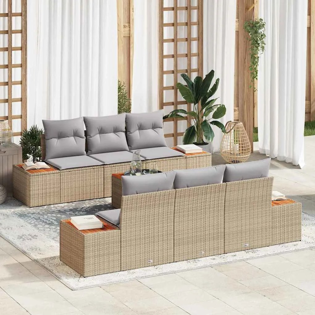 vidaXL Conjunto de Sofá de Jardim de 7 Peças com Almofadas Bege em Rattan e Acácia