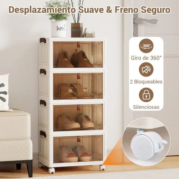 Caixa para sapatos dobrável de 4 níveis 39 × 27 × 85 cm, empilhável, com tampa, portas e rodas bloqueáveis, em plástico, para armário na entrada, sala