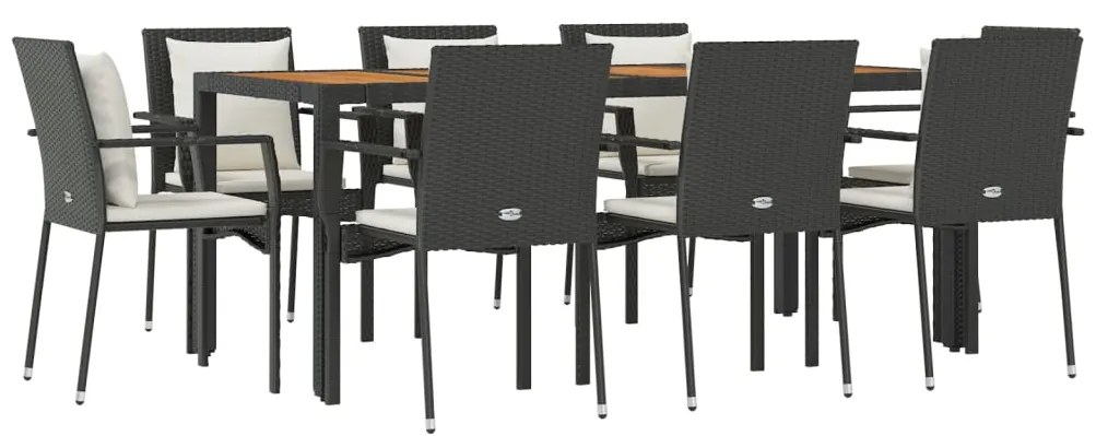 9 pcs conjunto de jantar p/ jardim c/ almofadões vime PE preto