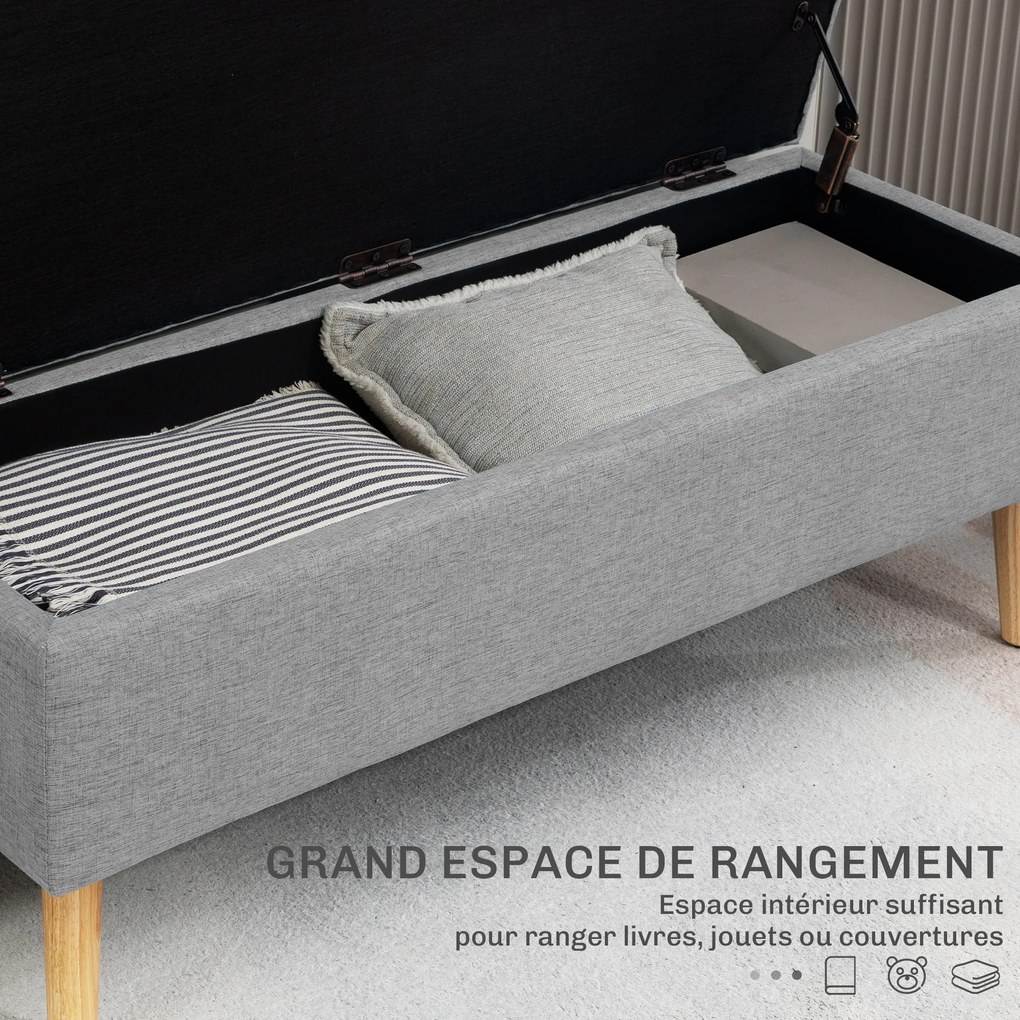 Banco com arrumação estofado com acabamento em linho para quarto, capacidade de 220 kg, 110 x 39 x 45 cm, cinzento