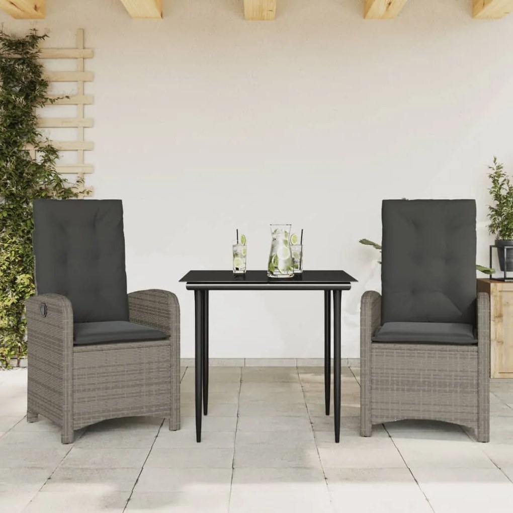 vidaXL 3 pcs conjunto de jantar p/ jardim c/ almofadões vime PE cinza