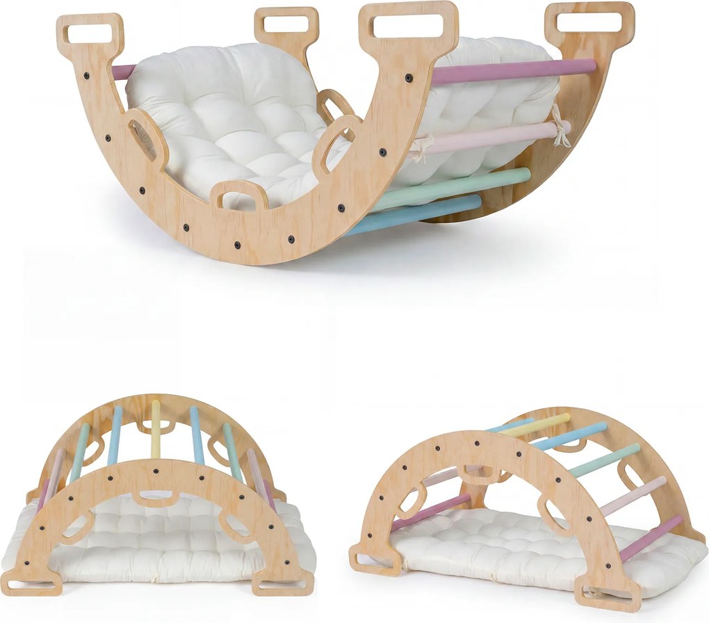 Arco de escalada 3 em 1 bebés Montessori em madeira com almofada e baloiço para interior, a partir de 1 ano, 81 x 48,5 x 38,5 cm, Macron