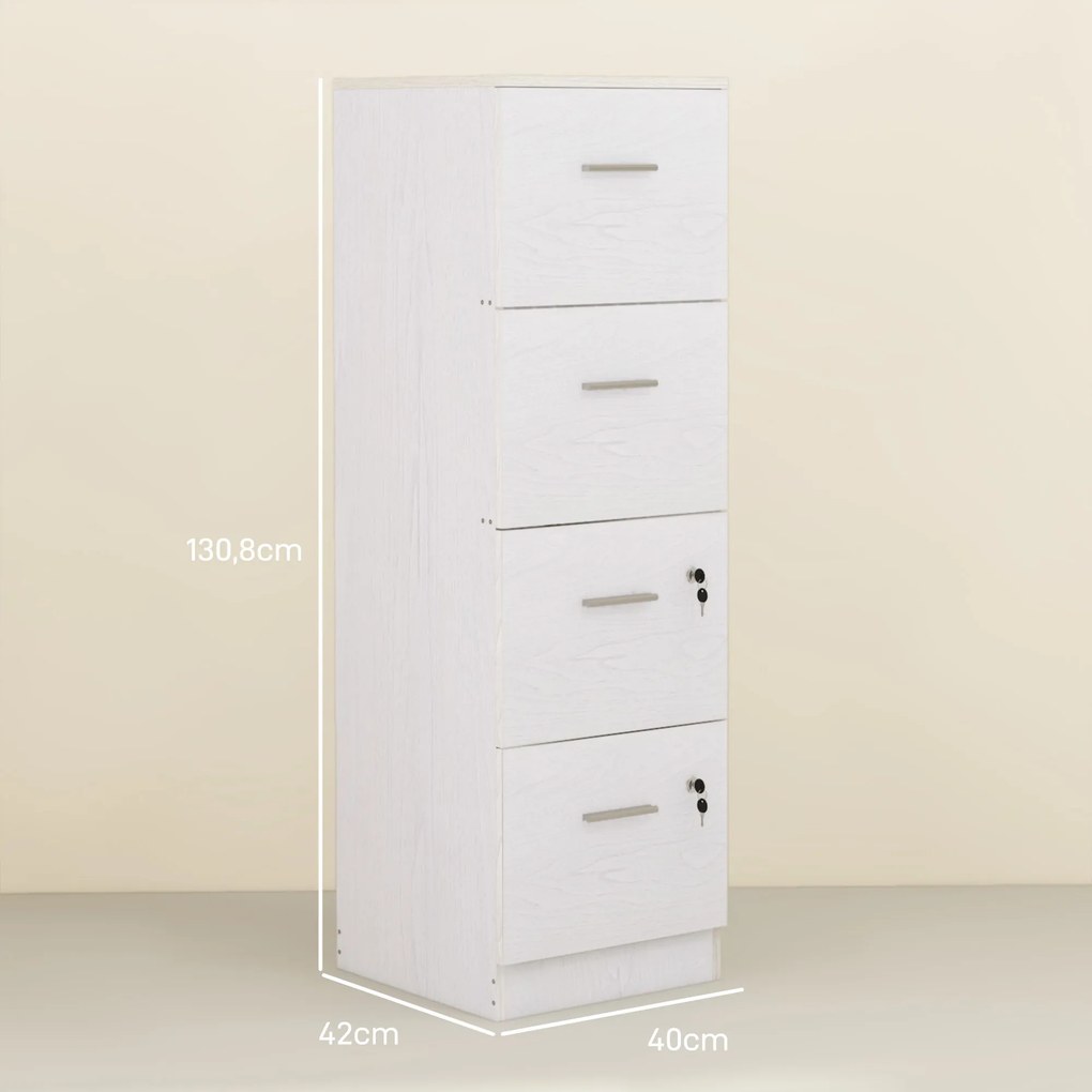Bloco Gavetas de Escritório com 4 Gavetas Fechadura e Suportes Ajustáveis para Documentos A4 e Letter Branco 40x42x130,8 cm Branco