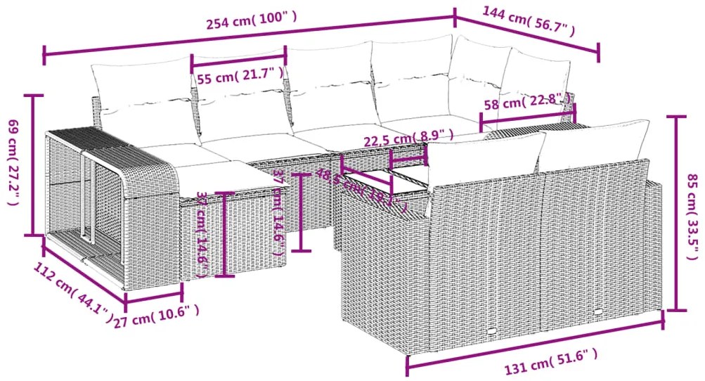 11 pcs conjunto sofás de jardim c/ almofadões vime PE preto