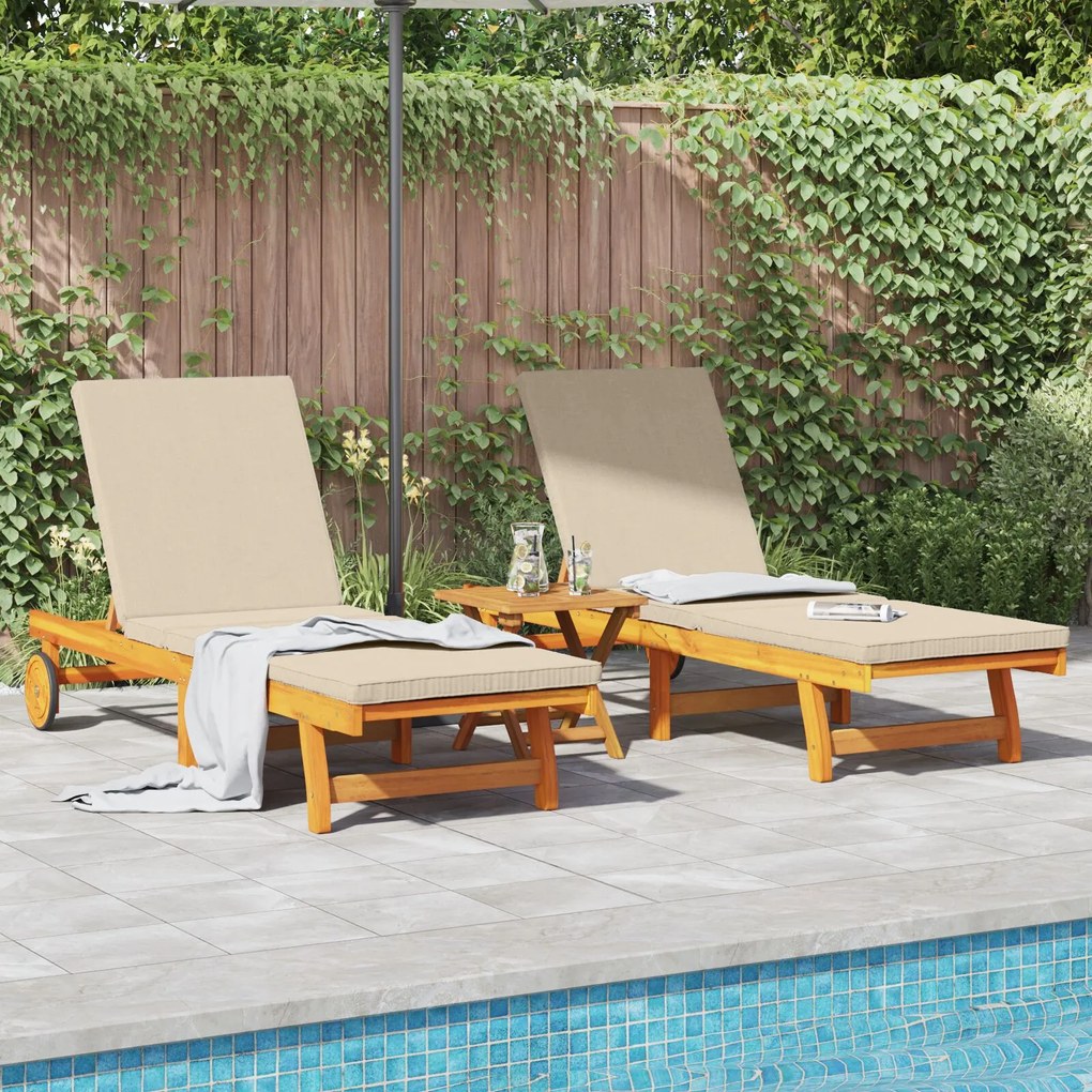 Camas de Sol vidaXL 2 pcs com Rodas e Almofada de Madeira Maciça de Ac