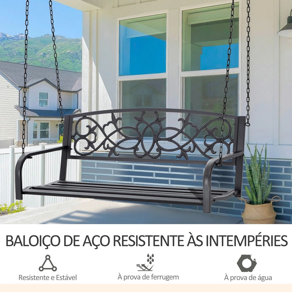 Outsunny Banco Baloiço de 2 Lugares Banco Suspenso de Aço com Apoio para os Braços Carga Máx. 240kg para Jardim Varanda Exterior 127x59,5x52cm Preto