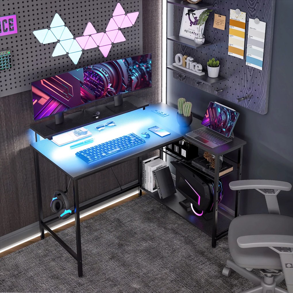 Secretária de canto reversível, secretária para computador com LED, 2 tomadas e 2 portas USB e cesto ajustável, 107 x 80 x 90 cm, preto