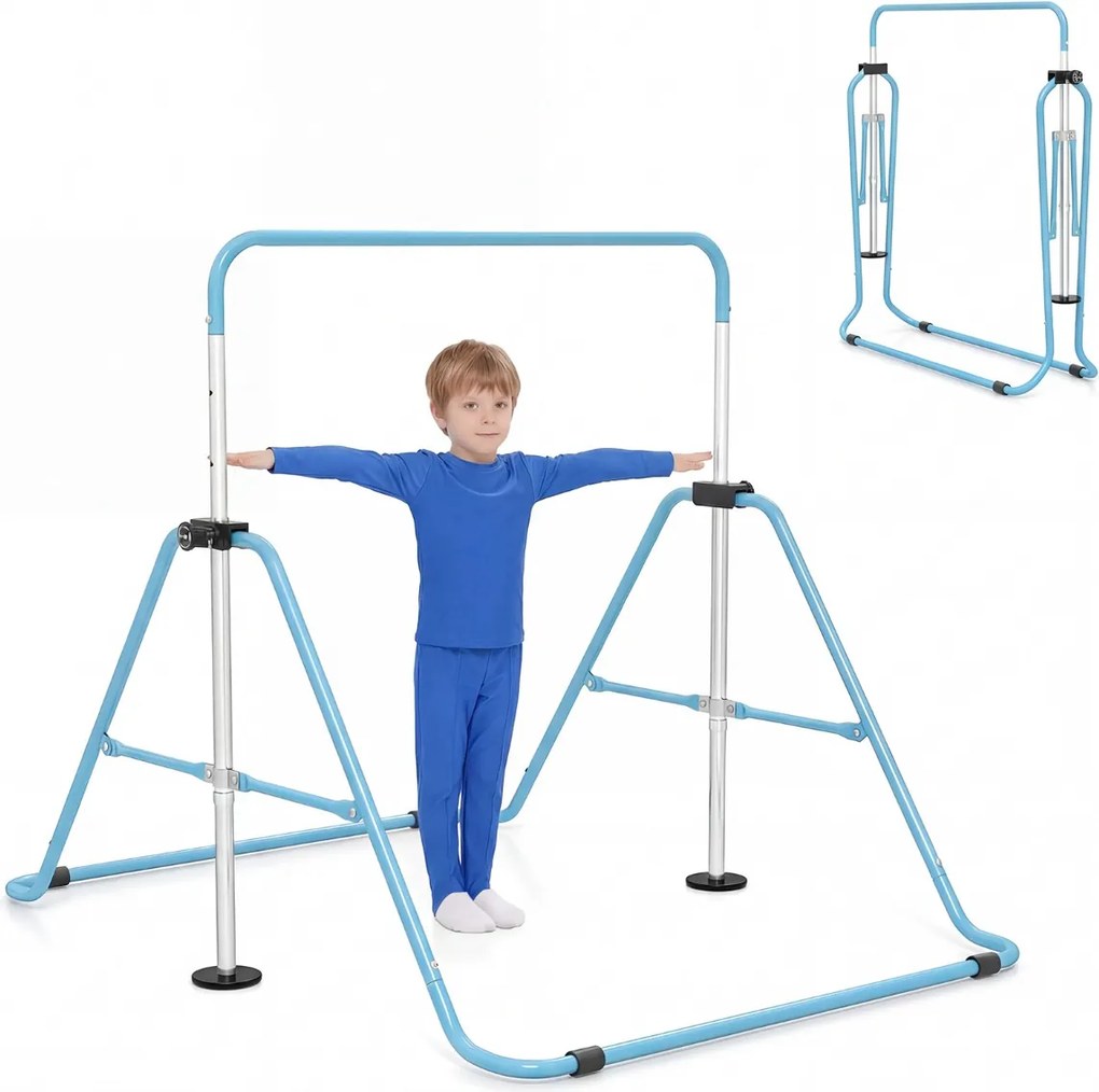 Barra de ginástica infantil dobrável, altura ajustável, base antiderrapante 3-12 anos, azul