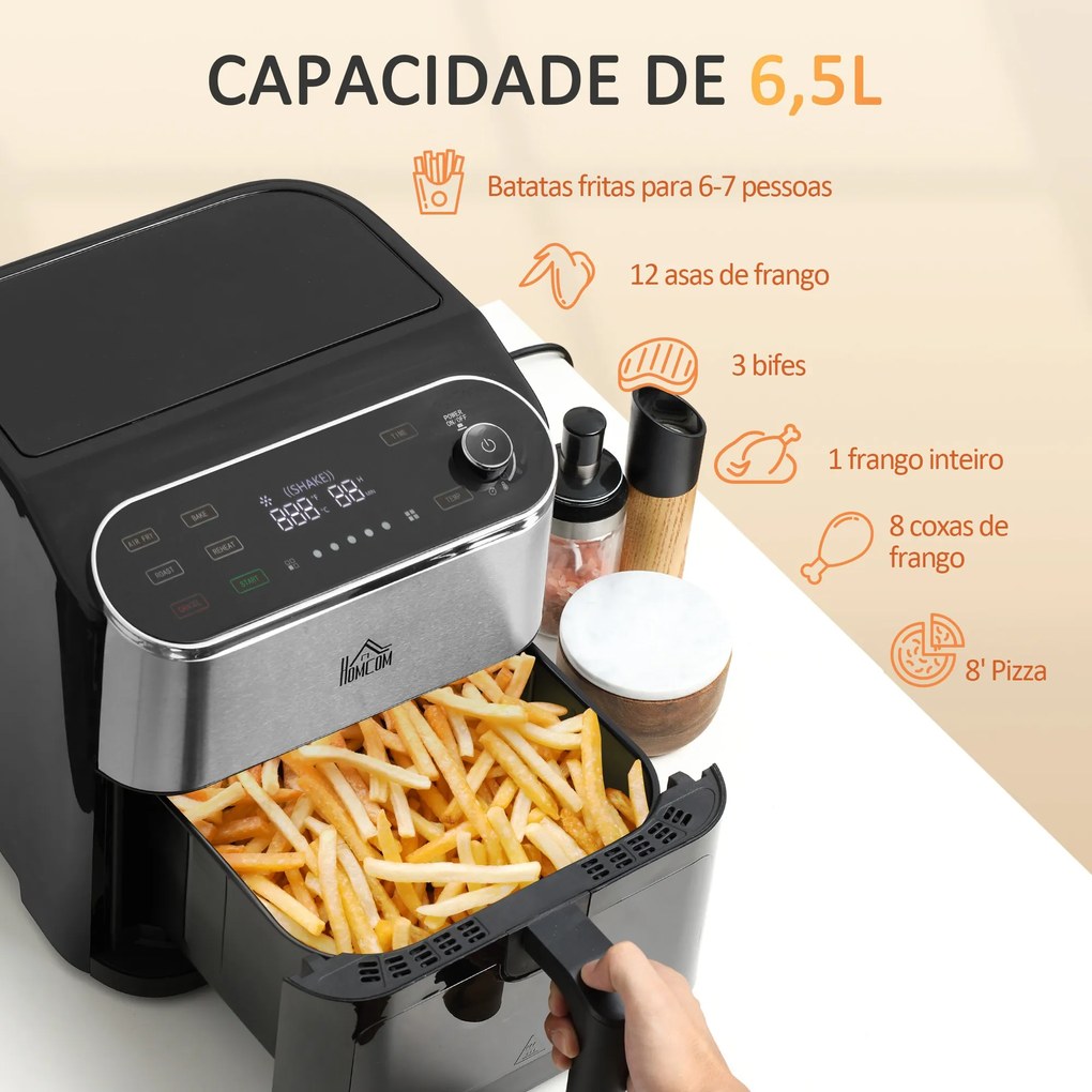 Fritadeira sem Óleo 4 em 1 Fritadeira de Ar Quente 1350W com 3 Programas Ecrã LED Tátil Temperatura Ajustável Temporizador e Cesta Antiaderente 31x37,5x32cm Preto