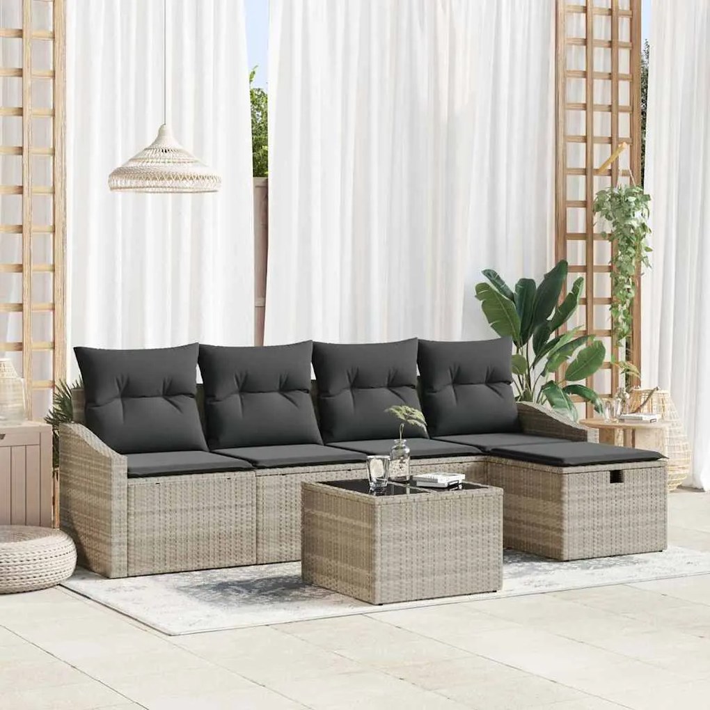 vidaXL Conjunto de Sofá de Jardim com 6 Peças e Almofadas Cinza Claro em Poly Rattan