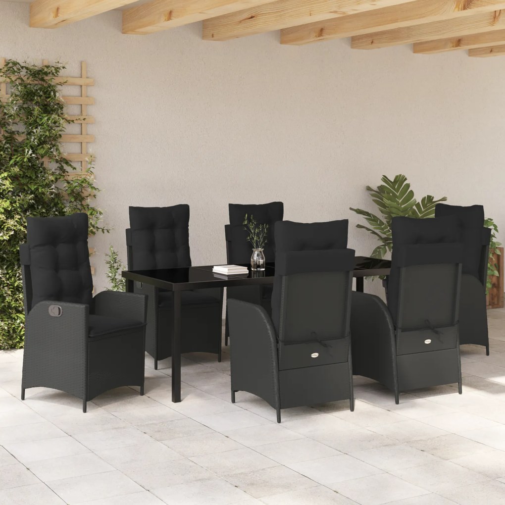 Conjunto de Jantar de Jardim com Almofadas 7 Peças Preto Vime PE