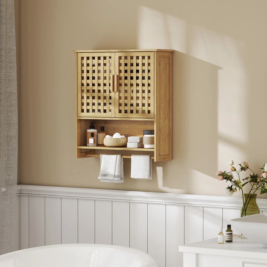 Armário de Casa de Banho de Parede em Bambu com 2 Portas Ripadas, Prateleira Aberta e Ajustável Natural