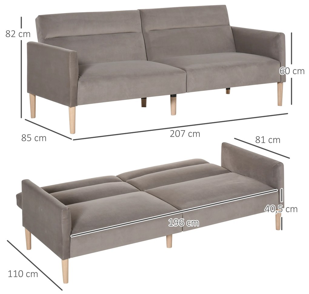 HOMCOM Sofá-Cama Convertível e Reclinável com Apoios de Braços e 2 Encostos Ajustáveis ​​Separadamente em 3 Posições Aveludado 196x85x82 cm Cinza