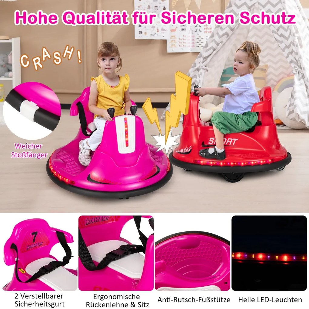 Carrinho de choque infantil 6V com rotação de 360 ​​graus, música e luzes LED coloridas vermelhas
