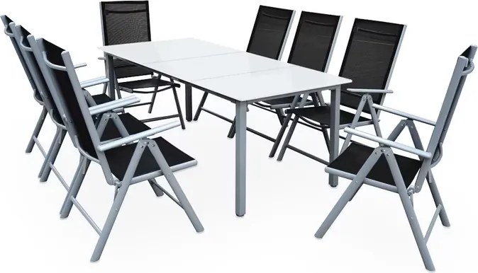 Conjunto de refeição de jardim  Bern 9 peças com 8 cadeiras e 1 mesa em alumínio prateado e vidro fosco