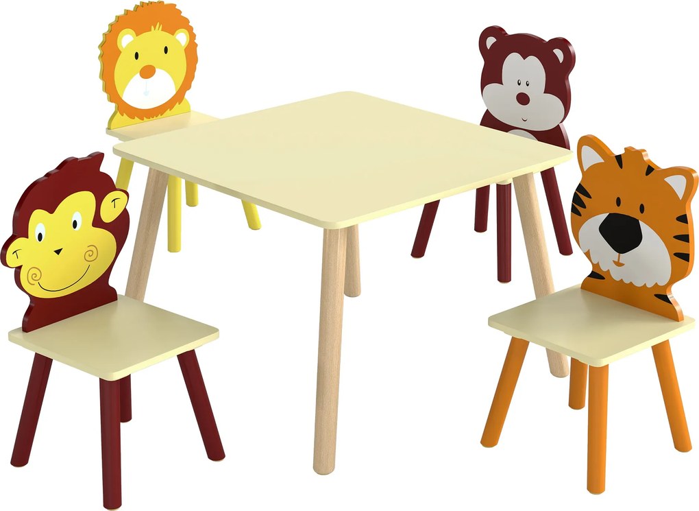 AIYAPLAY Conjunto Mesa para Criança com 4 Cadeiras 5 Peças em Madeira, Encosto em Forma de Animal, Cantos Arredondados, 3-8 Anos, Amarelo | Aosom Portugal