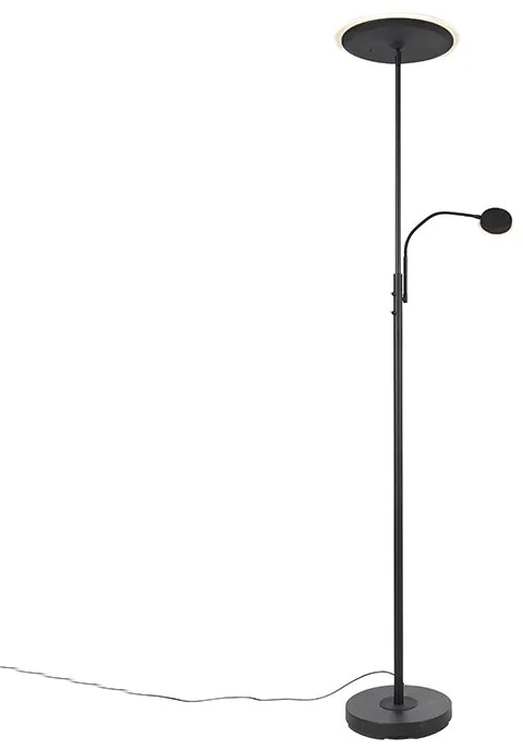 Candeeiro de pé moderno preto com LED regulável e braço de leitura - Strela Moderno