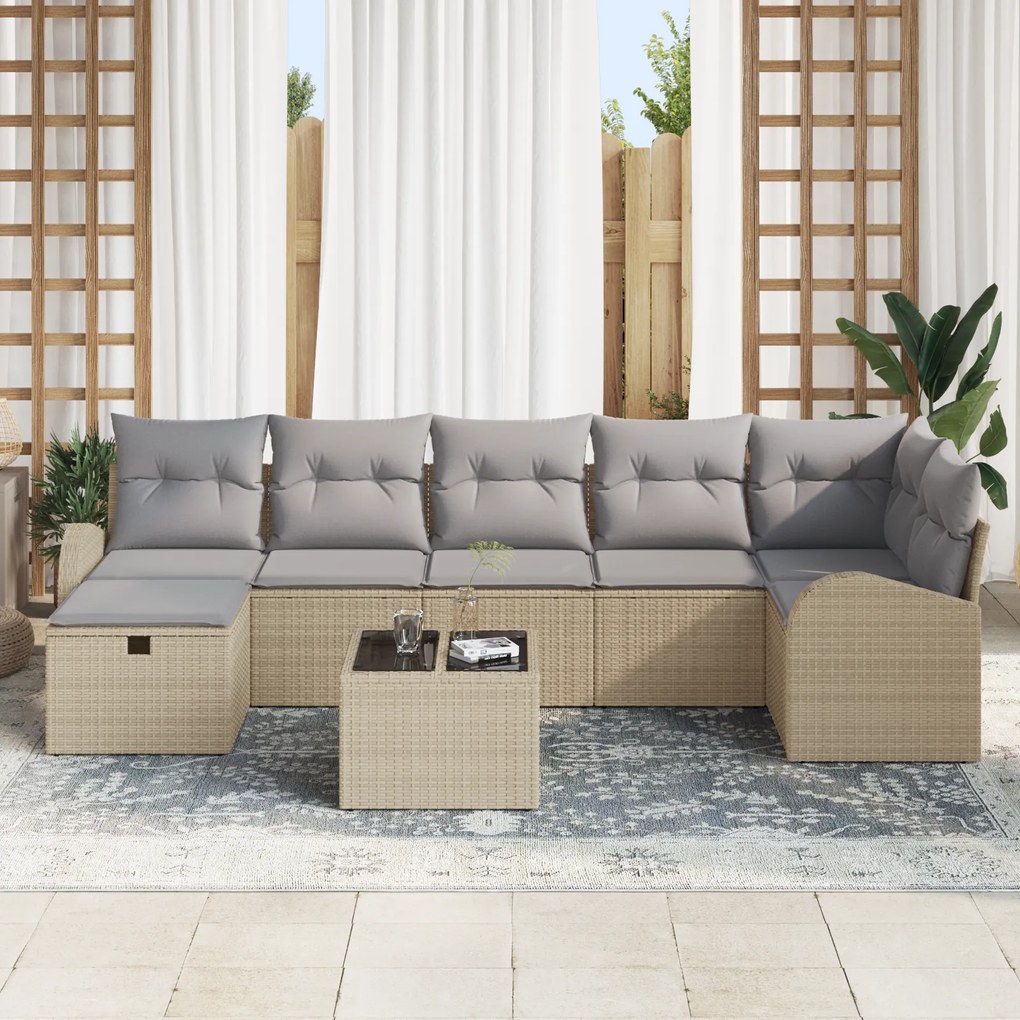Conjunto de Sofá de Jardim de 8 Peças com Almofadas Bege Vime Poliéste