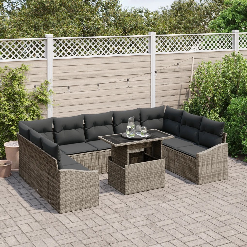 Conjunto de Sofá de Jardim de 10 peças com Almofadas Cinza Ratã Poli